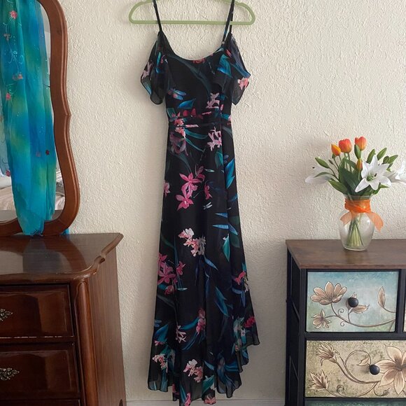 New Lipsy London Maxi Dress 6 (10 UK) Black Floral Chiffon Wrap High-Low Ruffle - Picture 4 of 16